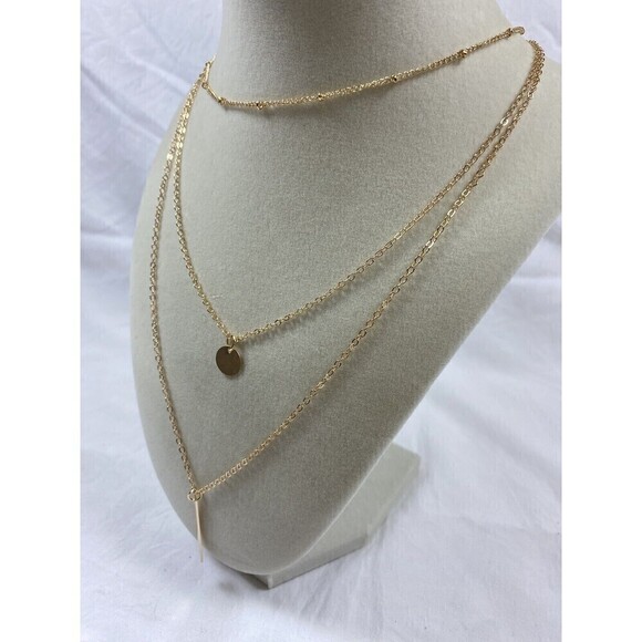 Gold Tone Layered Necklace Circle Bar Pendant Classic Boho Festival - Picture 4 of 13